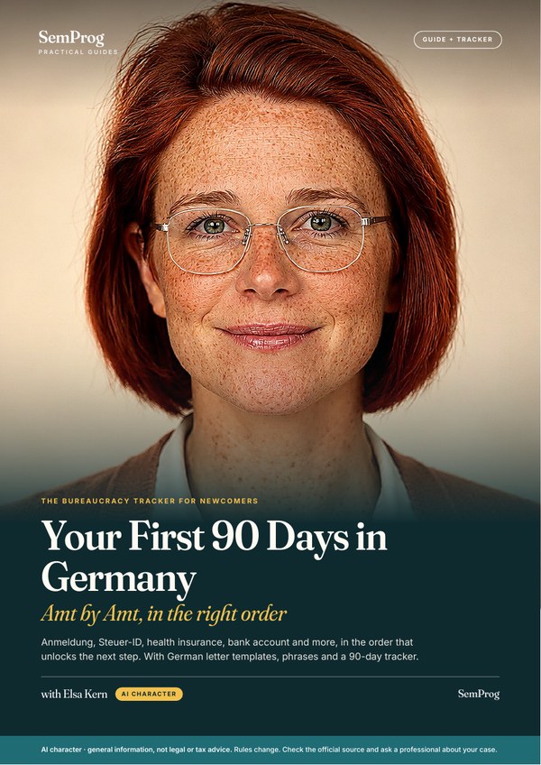 Cover of the PDF guide 'Your First 90 Days in Germany', presented by the AI character Elsa Kern