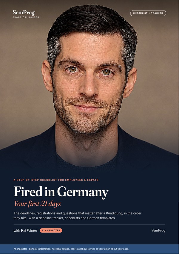 Cover of the PDF guide 'Fired in Germany: Your First 21 Days', presented by the AI character Kai Winter