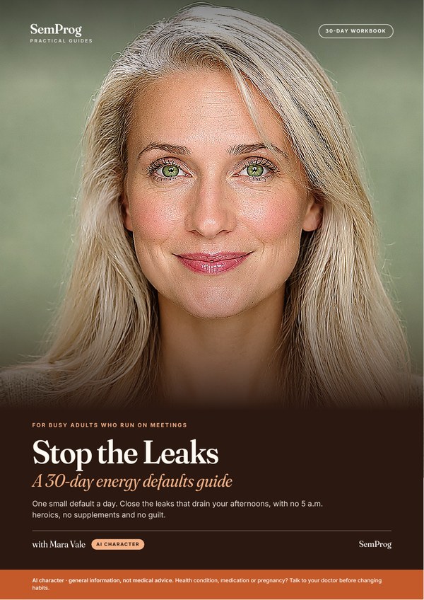 Cover of the PDF guide 'Stop the Leaks: A 30-Day Energy Defaults Guide', presented by the AI character Mara Vale
