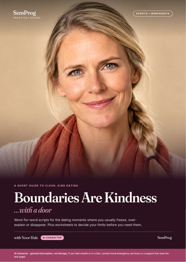 Cover of the PDF guide 'Boundaries Are Kindness… with a Door', presented by the AI character Noor Hale