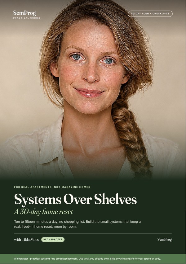 Cover of the PDF guide 'Systems Over Shelves: A 30-Day Home Reset', presented by the AI character Tilda Moss